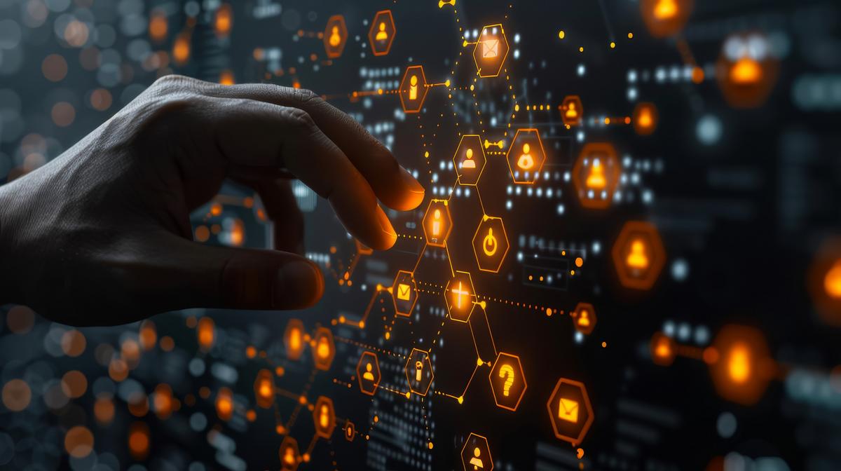Man working on digital network diagram