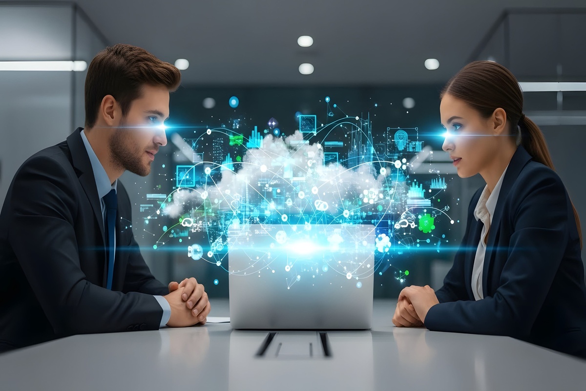 Two businesspeople sitting across one another in an office