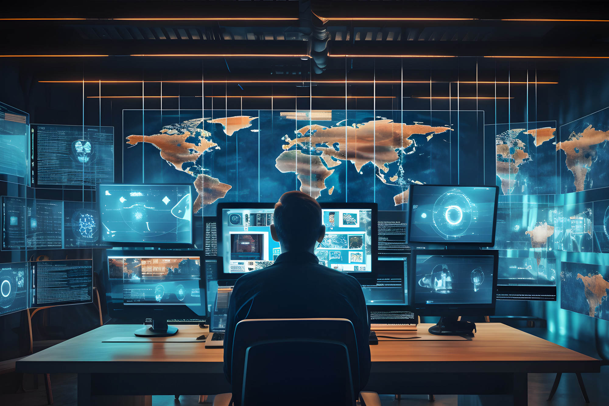 Back view of a man working with computers in a modern office; mixed media
