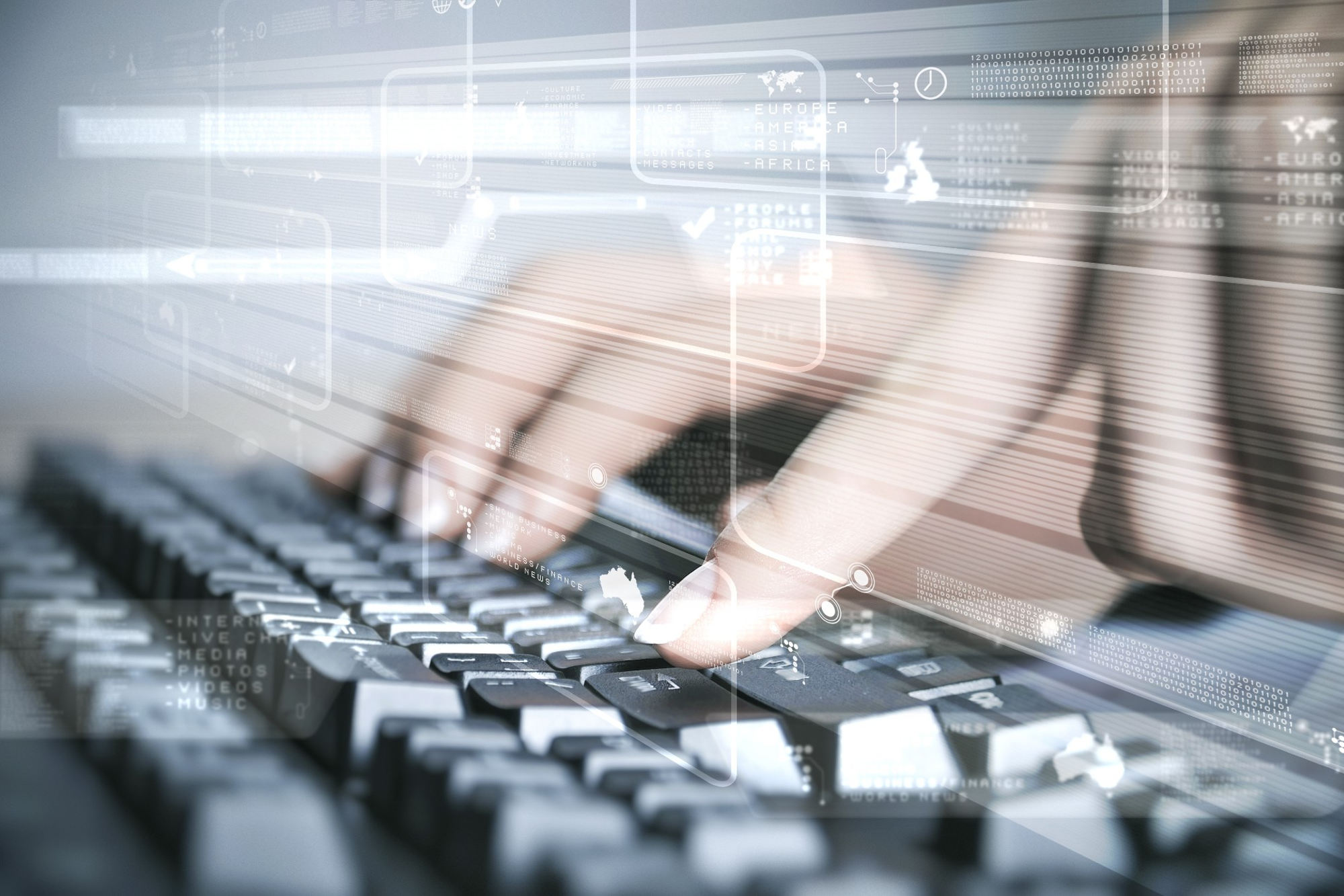 Compound image of woman's hands on keyboard with digital graphics