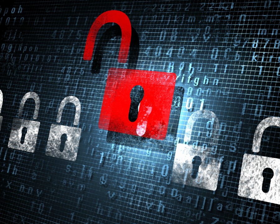 Blue and green binary background with a red lock symboling security