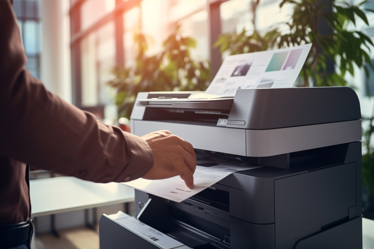 Businessman using a multifunction laser printer to print documents in a business office.